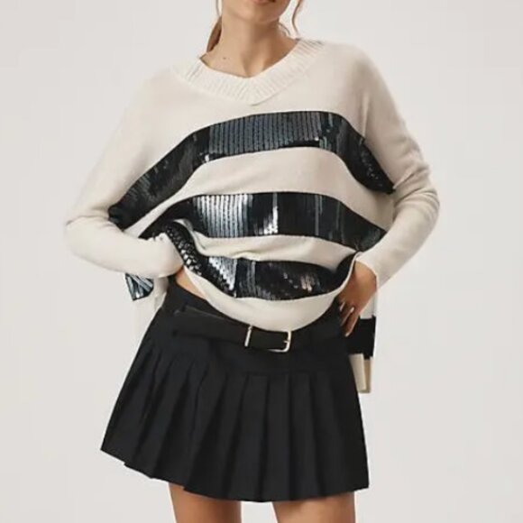 Anthropologie Maeve Cashmere Sequin Sweater XS/S/L Ivory Black Stripe Causal - Picture 2 of 9